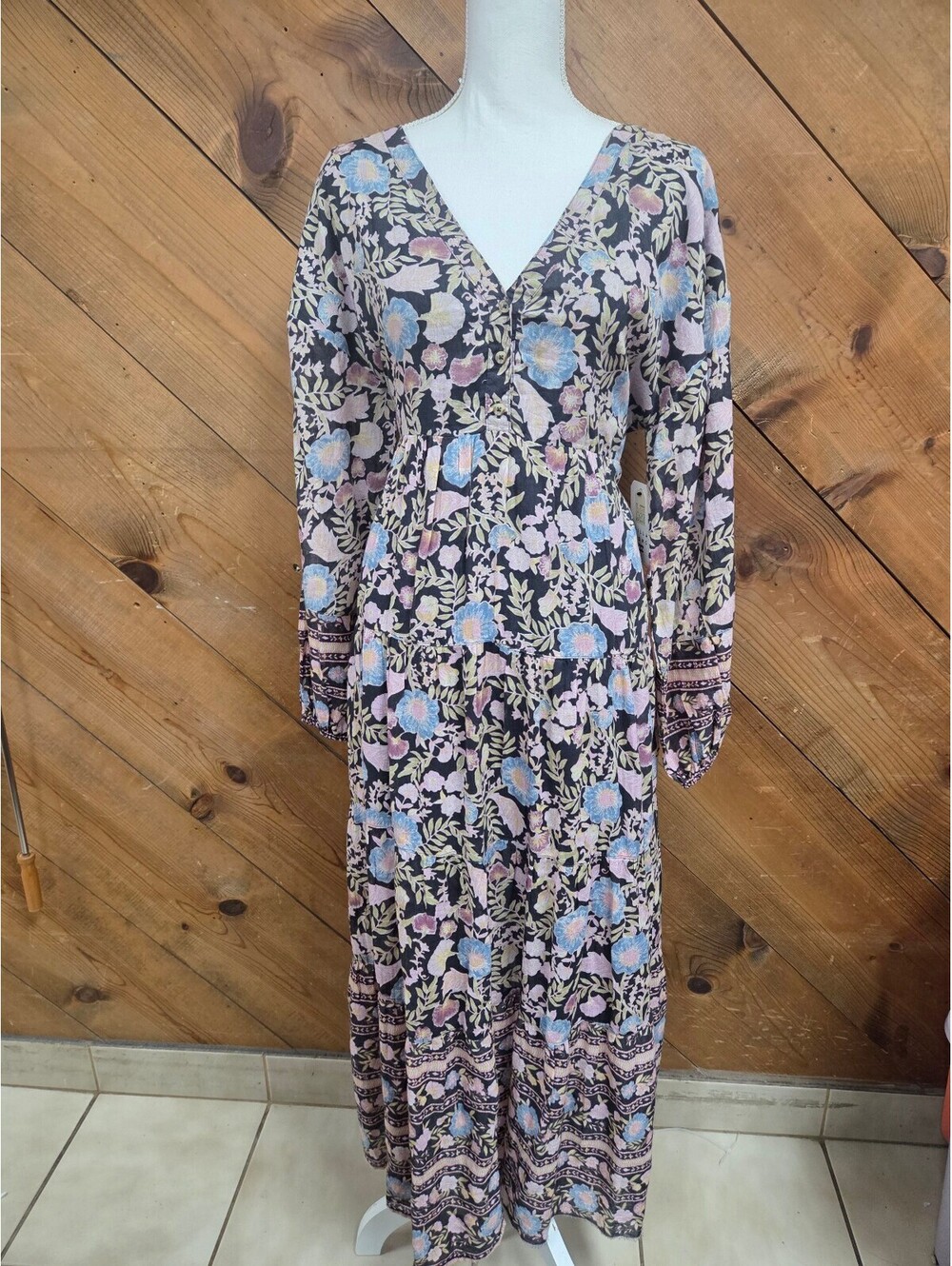 NWT Billabong Across Your Way Maxi Dress L Floral Boho Black Long Sleeve FLAW